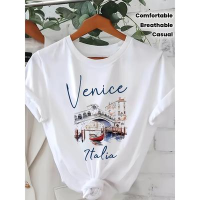 Europäische Größe Damen Klassisches T-Shirt mit Grafik von Venedig Italien | Atmungsaktiv & Bequem Rundhals, Weiß mit Blauem & Orangem Aufdruck, für Frühling Sommer