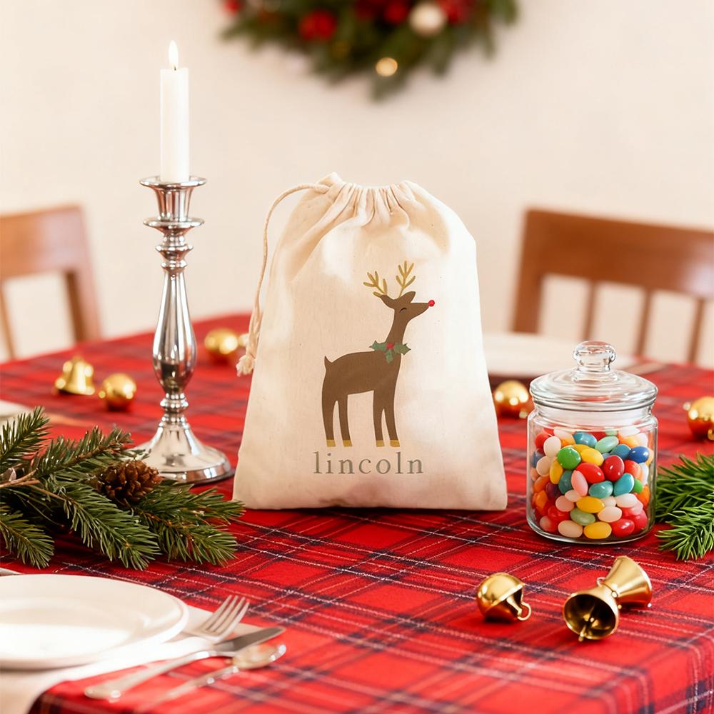 Personalized 4Pcs Christmas Gift Bag Kids Reindeer Goodie Bag New Year Drawstring Bags Christmas Holiday Party Favors Advent