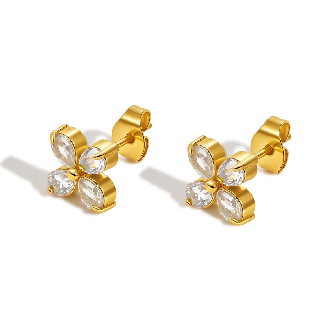 Fashion White Zircon Four-petal Flower Stud Earrings for Women,Gold Color Stainless Steel Waterproof Earrings,Chic Jewelry Gift