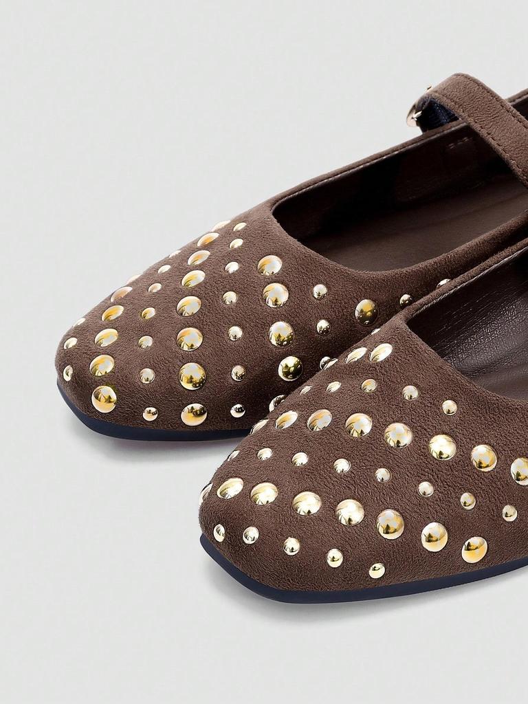 Brown Square Toe Mary Jane Flats with Large & Small Sequin Decorations and Single Strap Buckle