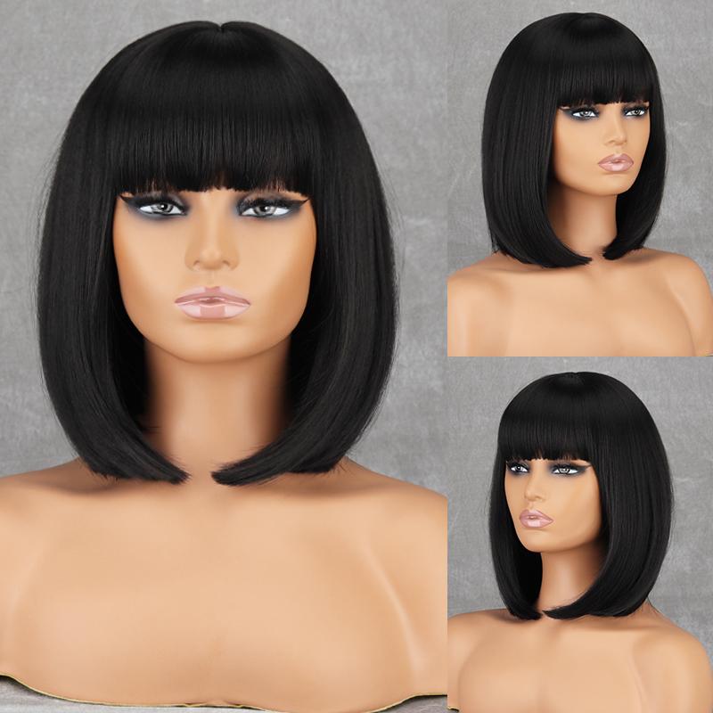 

LISI HAIR Женская мода до плеч Коричневый прямой парик Боб с челкой Синтетическое волокно Натуральный цвет Повседневная одежда Парик Боб
