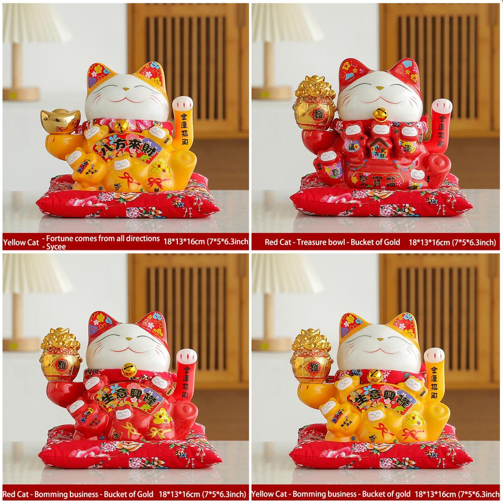 7 Inch Fortune Cat with Waving Arm Ceramic Maneki Neko Feng Shui Ornament Lucky Cat for Shops, Restaurant, Home Table Decoration
