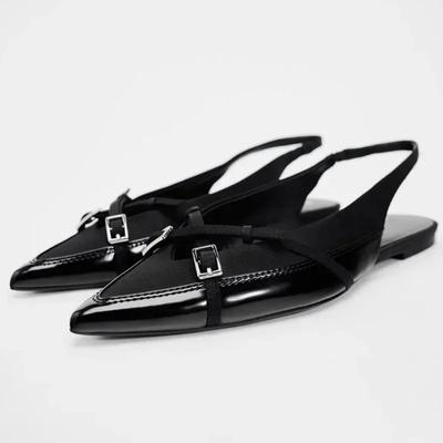 Black Cross Strap Women Mules Shoes  Spring  Footwear Pointed Toe Patent Leather Office Slingbacks Ladies Flats