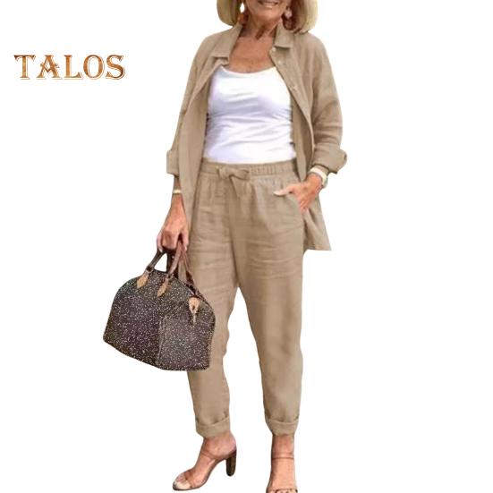 2 Pièces/ensemble Femmes Chemise Pantalon Ensemble Lâche Revers Simple Boutonnage Mi-long Manches Longues Chemisier Taille Haute Élastique Pantalon à Jambes Larges Vêtements Quotidiens