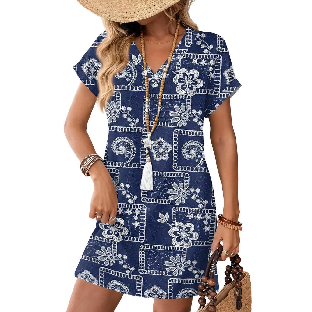 Short Sleeve Women's Dress Casual Dresses With Pockets V Neck Vocation Boho Beach Sundress