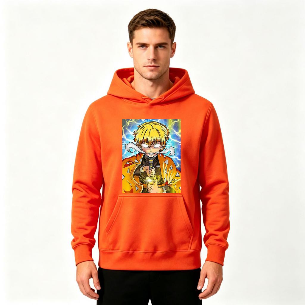 Men Anime Print Pullover Hoodie, Casual Yellow Hair Character Lightning Pattern Long Sleeve Hooded Sweatshirt