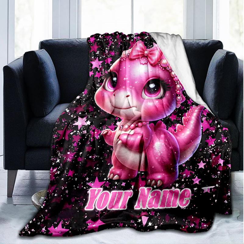 1PC Custom Name Pink Dinosaur Sparkle outdooor Flannel blankets Patterns Throw Blanket All-Season Soft Gift for Couch, Bed, Camping gifts