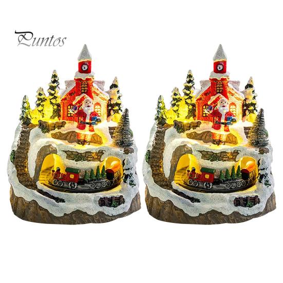 Resin Holiday Home Decor 2Pcs Christmas Train Music Box with Rotating Light, Snow Village Carousel Decorative Ornaments Ornament, Battery/USB Powered