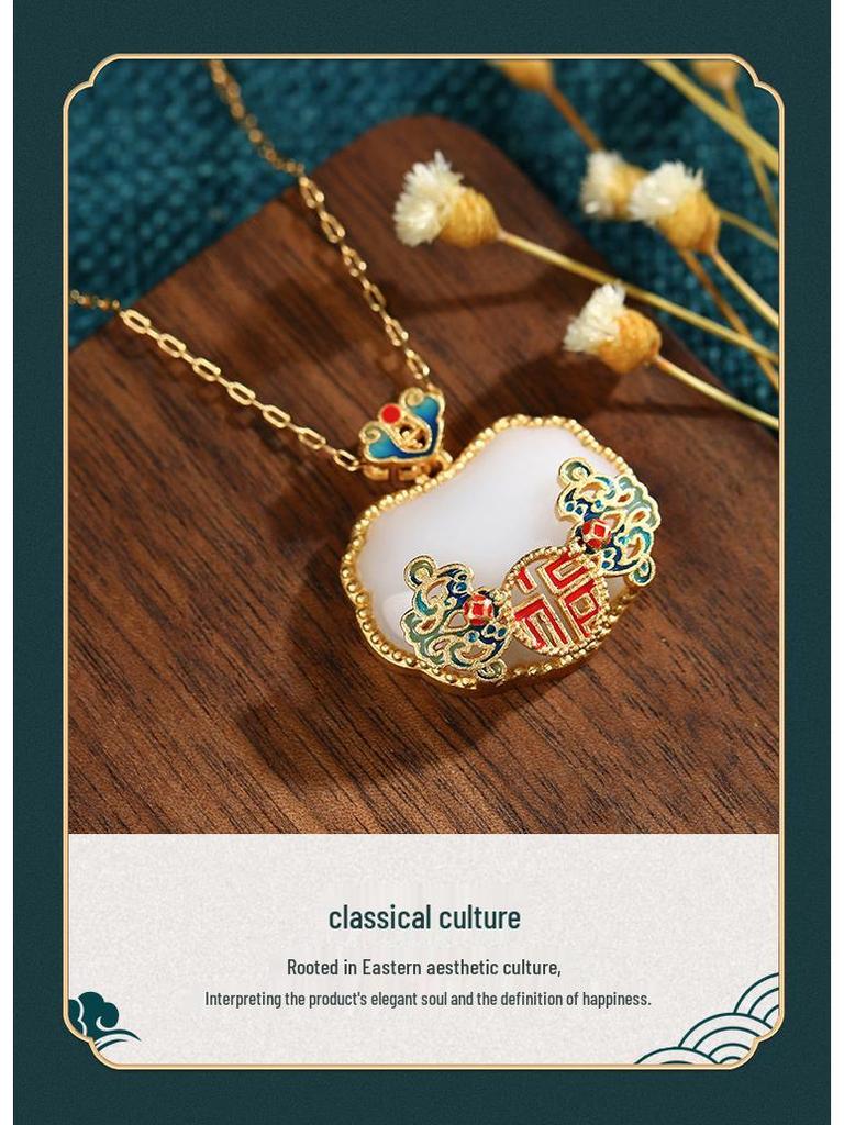 2022 Etniczny Styl Pomyślność Jadeitowy Zamek Pokoju Naszyjnik z Wisiorkiem