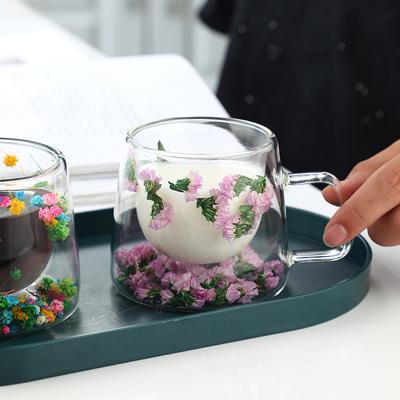 Colorful Dried Flower Glass Mug - Decorative Clear Coffee/Tea Cup with Embedded Florals