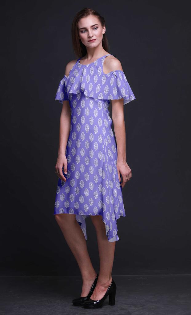 Bimba Block Print Cold Shoulder Women Swing Tunic Flutter Sleeve Midi