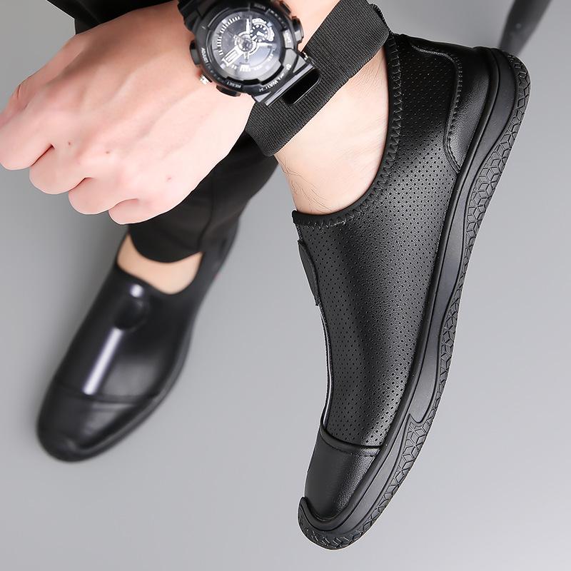 Men's Shoes 2025 Summer New Breathable Thin Hollow Hole Shoes Black Leather One-pedal Lazy Casual Leather Shoes