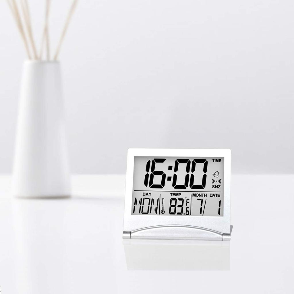 Betus Digital Travel Alarm Clock - Foldable Calendar Temperature Timer LCD Clock with Snooze Mode - Large Number Display, Battery Operated - Compact