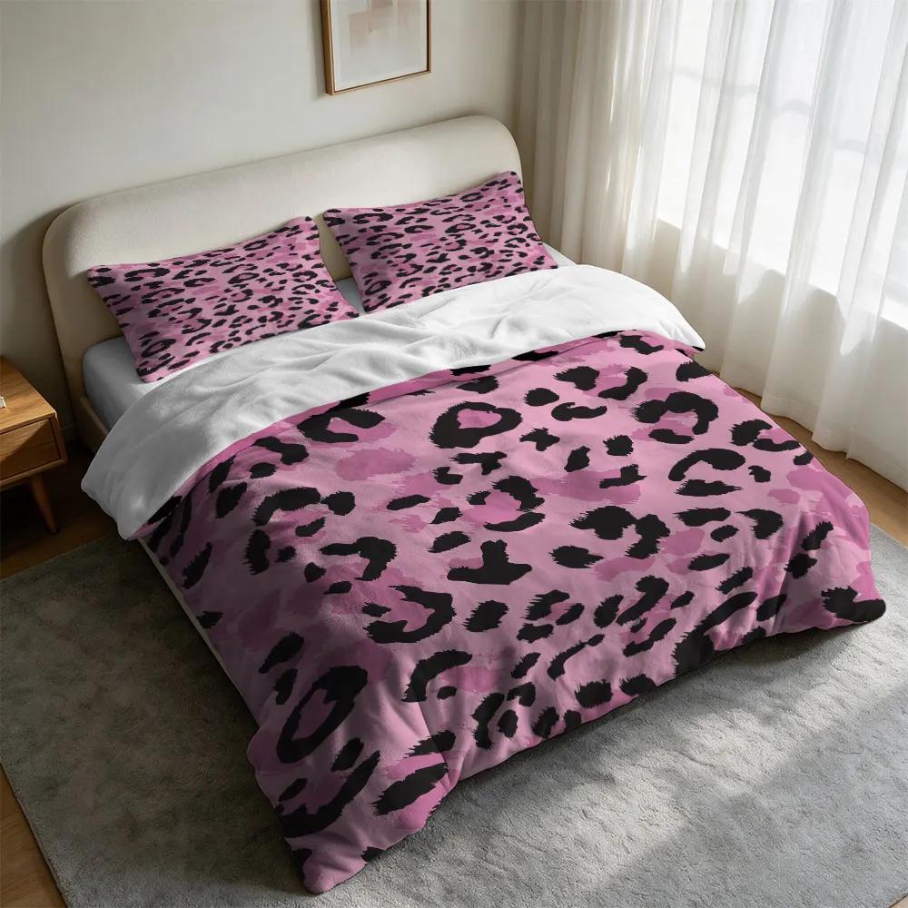 Pink Leopard Print Milk Velvet Bedding Set 3Pcs Soft Warm Duvet Cover Set Animal Pattern Queen King Size