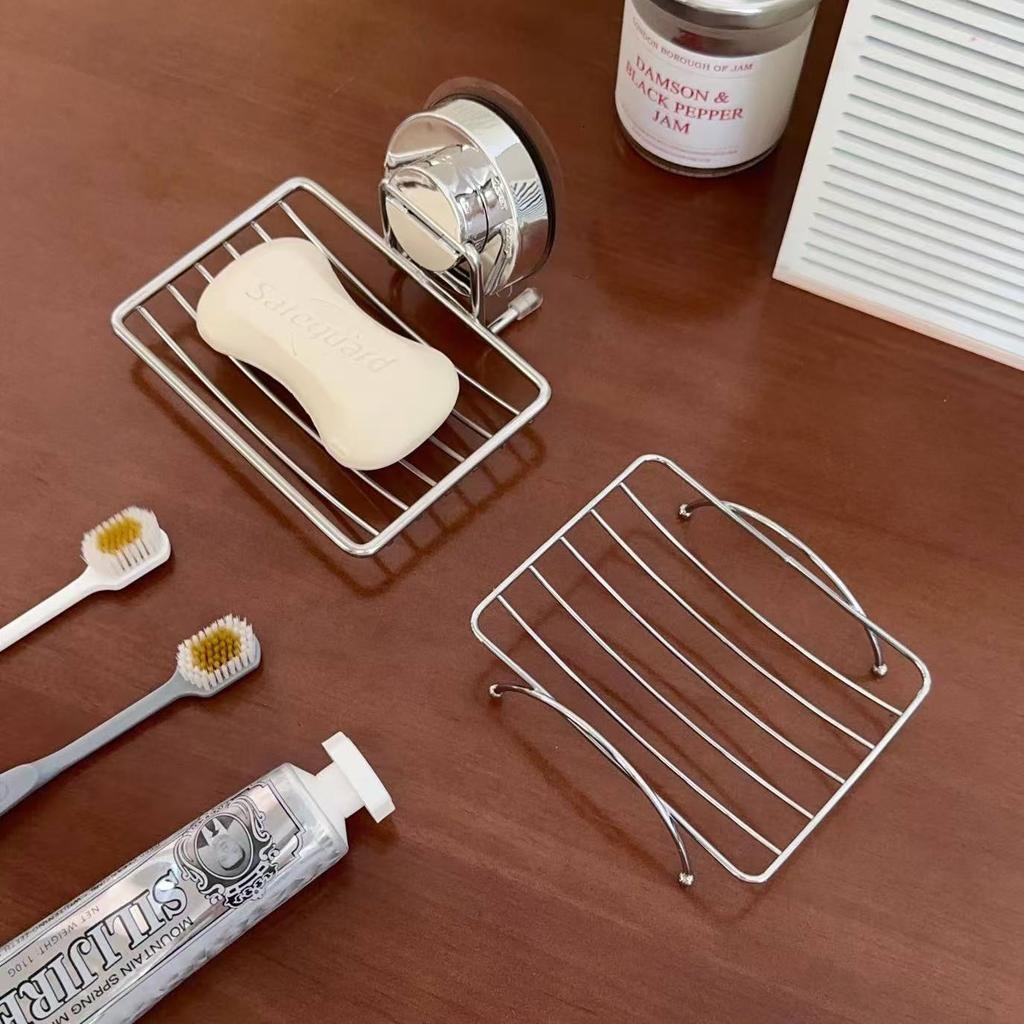 Suction Cup Soap Dish No Drill Wall Mounted Drainage Rack Bathroom Soap Holder Stainless Steel Grid Organizer For Home Bathroom