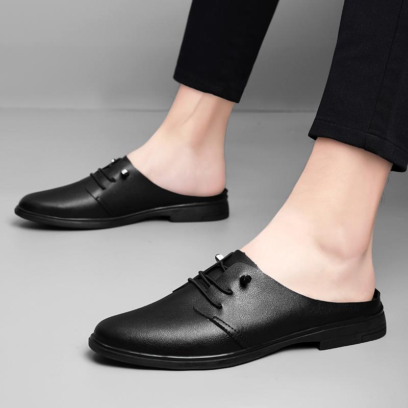 Fashion Genuine Leather Mules Footwear Breathable Slip on Walking Shoes New Flats Men Comfortable Half Slippers Male Casual Moccasins