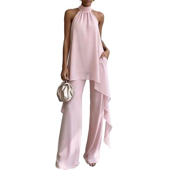 Women's Chiffon 2 Piece Sets, Asymmetrical Halter Sleeveless Tops with Wide Leg Pants Summer Outfits, Casual Vacation Lounge Matching Set