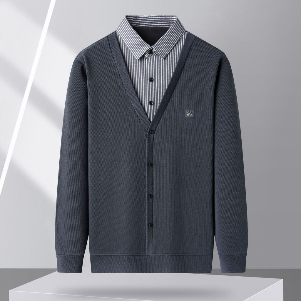 Men'S Knitted Sweater Autumn And Winter Piled Thickened Middle-Aged And Young Leisure Fake Two-Piece Long-Sleeved Top