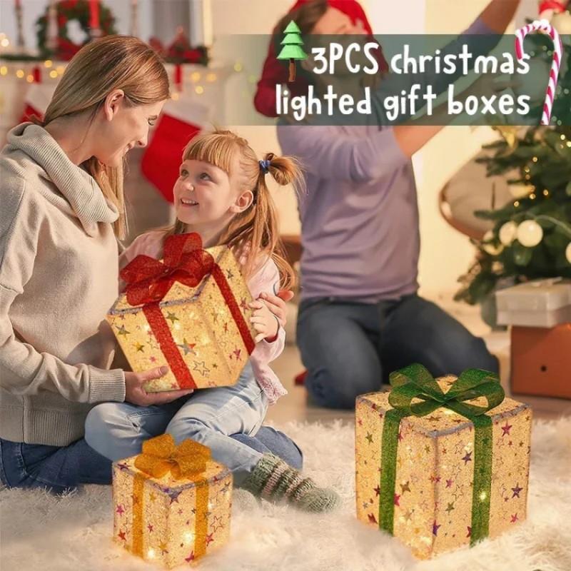 Luminous Bow Christmas Gift Box 3PCS Set for Lighted Up Christmas Tree Indoor Outdoor Holiday Party Decor