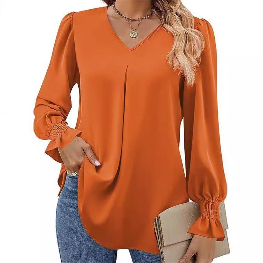 Women's Fall New Arrivals Solid Sheer Chiffon Shirt V-Neck Sleeveless Bell Sleeve Long Sleeve Top Blouse