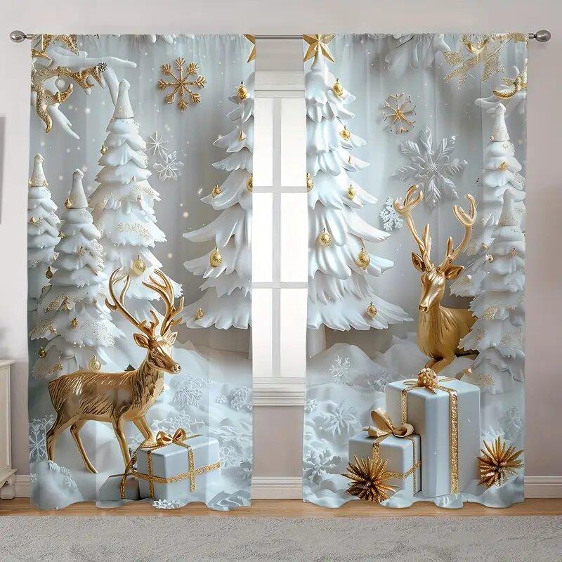 Set Of 2 Christmas Snow Tree Golden Reindeer Design Printed Curtains Pole Bag Home Decoration Room Curtain Polyester