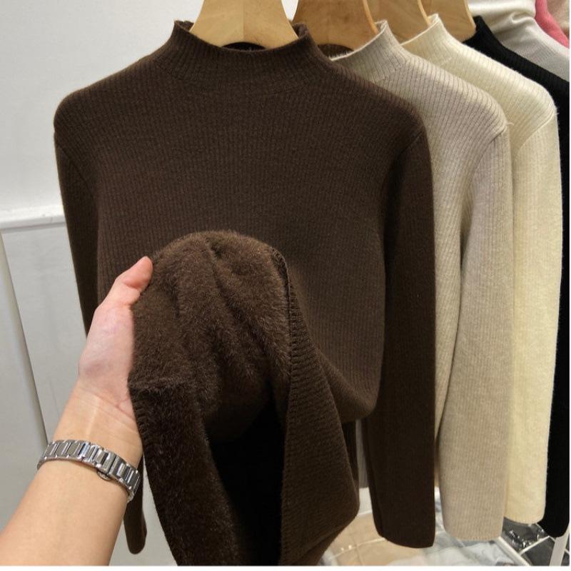 Damen Winter Strickpullover mit Samtfutter - Halber Rollkragen, Einfarbig, Warmes Innenoberteil