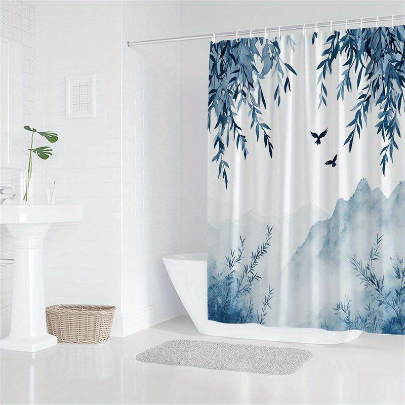 1Pc Shower Curtain With Hazy Blue And White Watercolor Pattern, Polyester Fabric, Machine Washable, Suitable For Bathroom