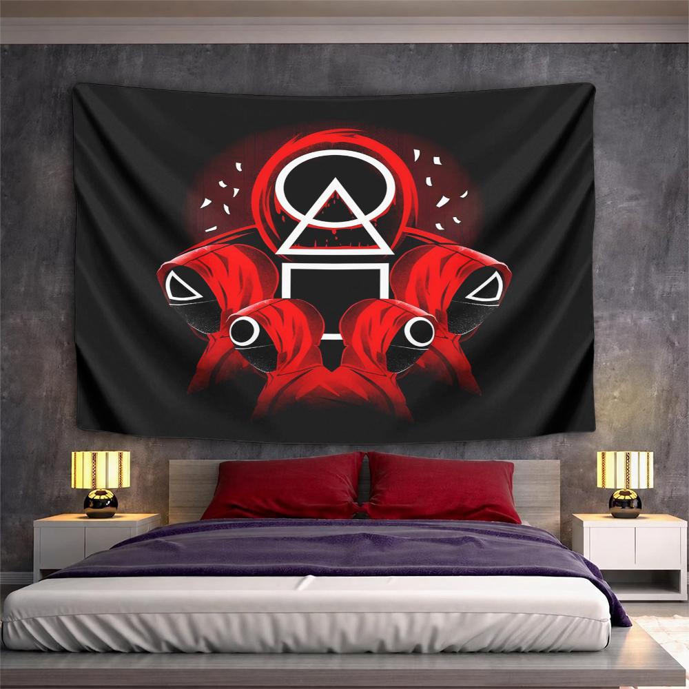 Landscape Wall Tapestry Squid Game Red Guards Symbols, Black Red, Wide Wall Decor for Adult Gamer Dorm Man Cave Gift