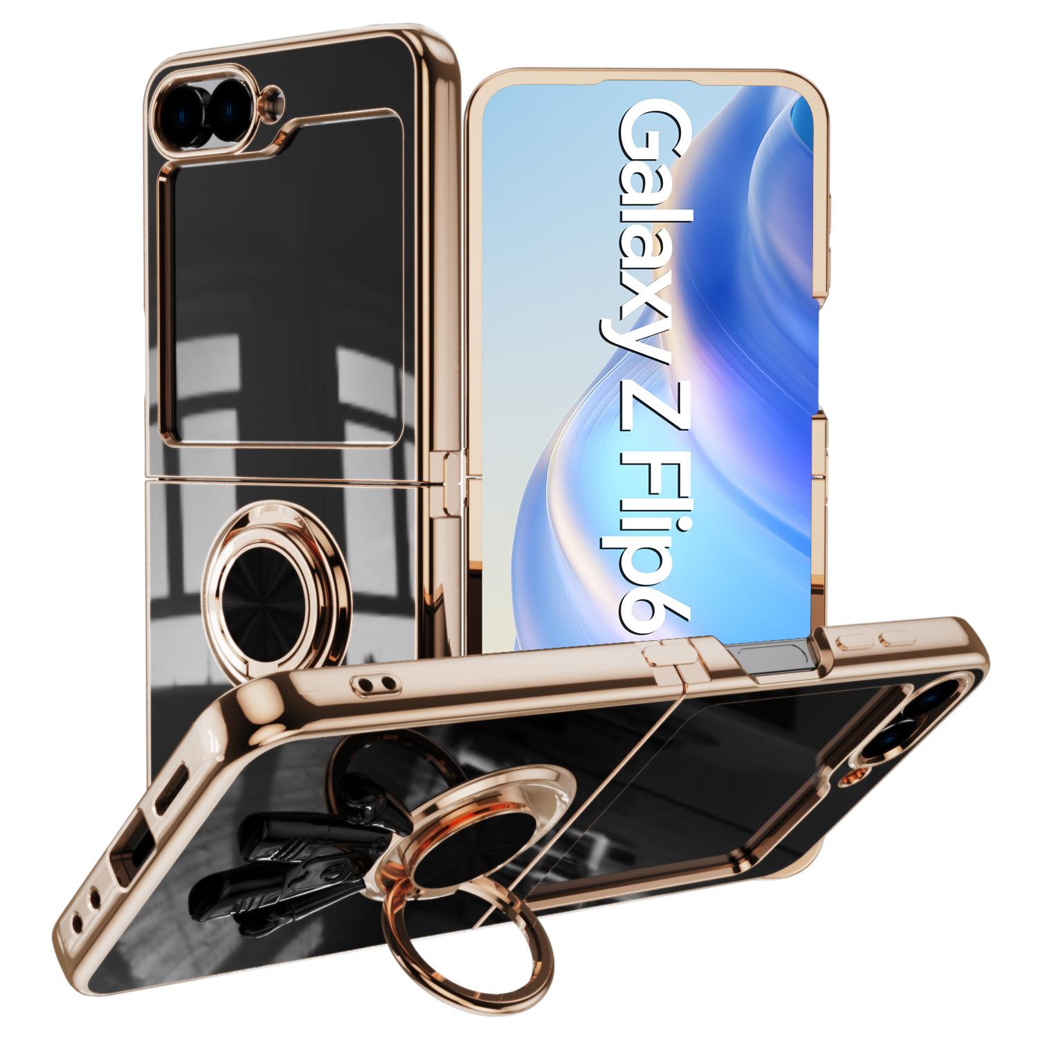 

For Samsung Galaxy Z Flip6 5G Case with Astronaut Ring Kickstand 6D Electroplating TPU Phone Cover Black