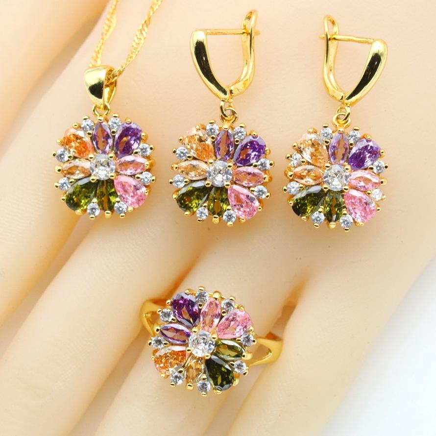 Joyería Multicolor de Circonita para Mujer Conjuntos de Boda Collar de Cristal Colgante Pendientes Anillo Regalo de Fiesta