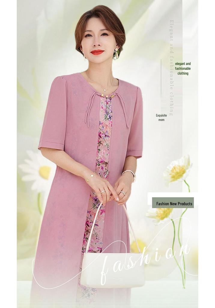 Mom's Summer New Chinese Short Sleeve Plus Size Chiffon Dress for Middle-Aged & Elderly Women - National Style Belly Cover