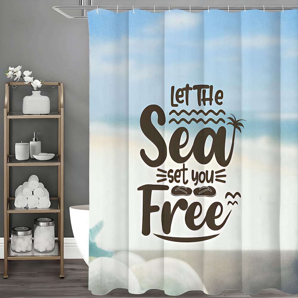 Summer ocean beach let the sea set you free text shower curtain, bathroom decorative shower curtain, waterproof shower curtain w