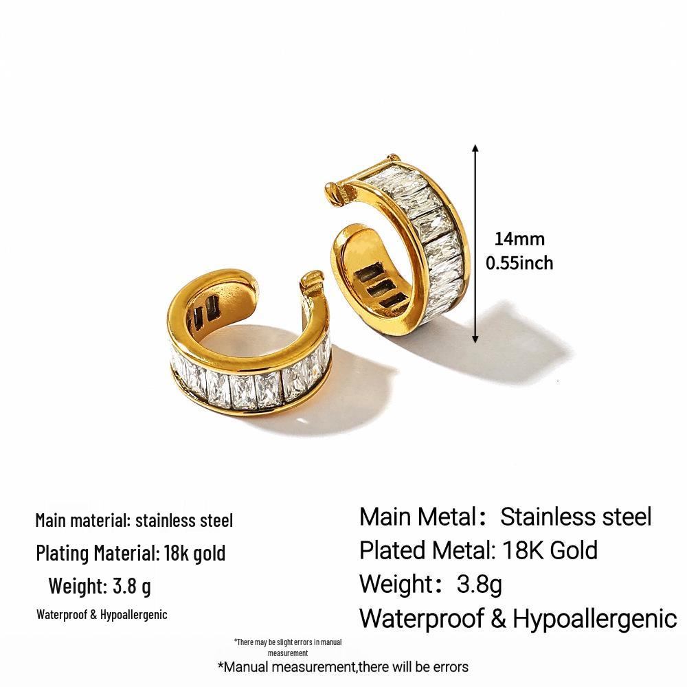 18K Gold Waterproof Titanium & Stainless Steel Zirconia C-shaped Earrings - Women's European/American Style Ear Cuff Jewelry