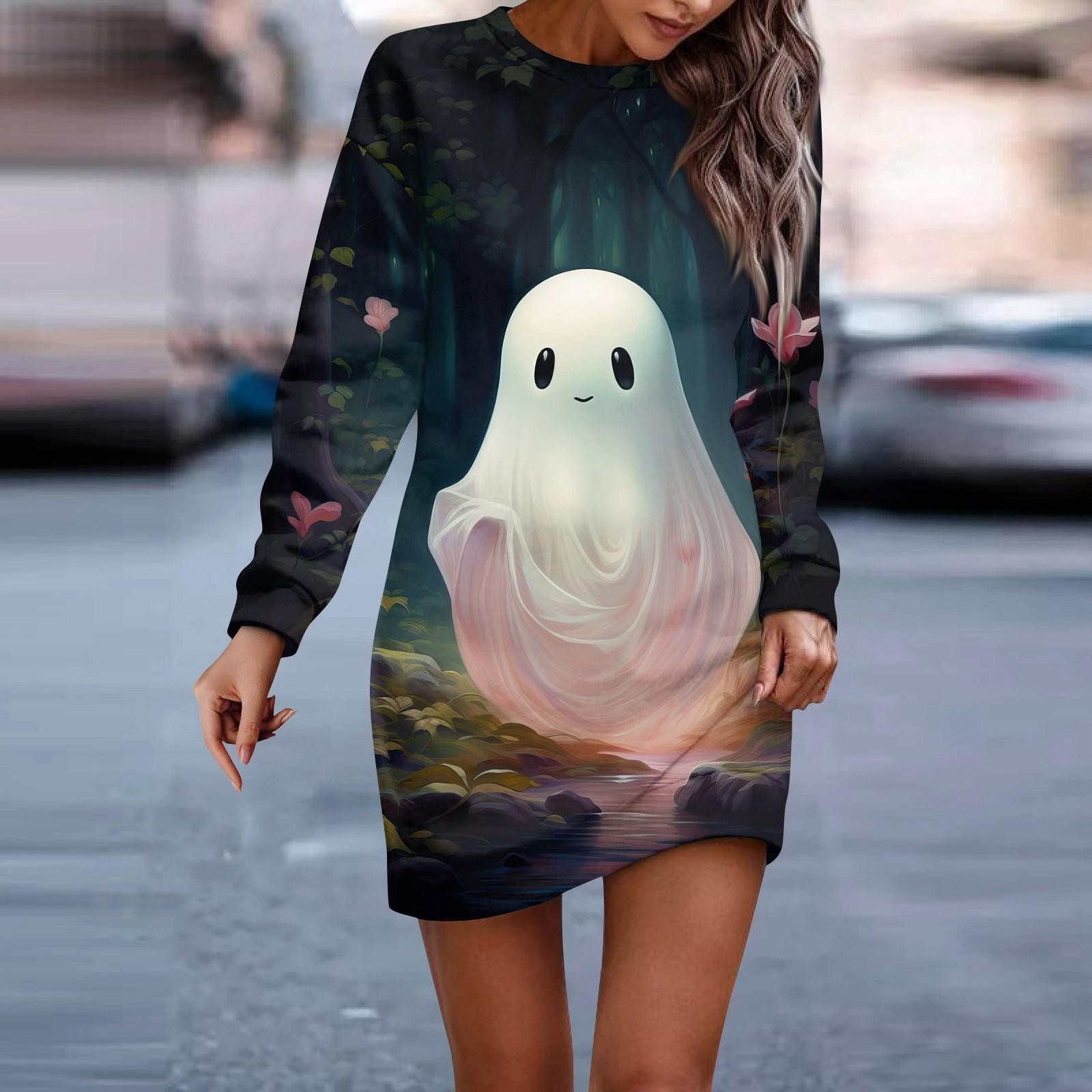 

Женское платье с круглым вырезом и принтом призрака на Хэллоуин, с длинными рукавами, облегающее бедра, санитарное платье XXXL розовый