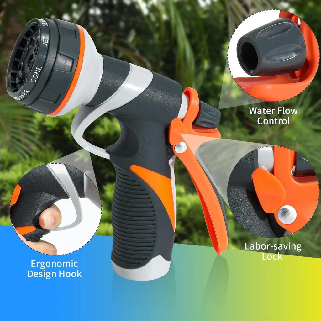 Garden Hose Nozzle with 8 Patterns Spray Nozzle the Rear Trigger & Hanging Ring Designs High Pressure Hose Nozzle for Plant