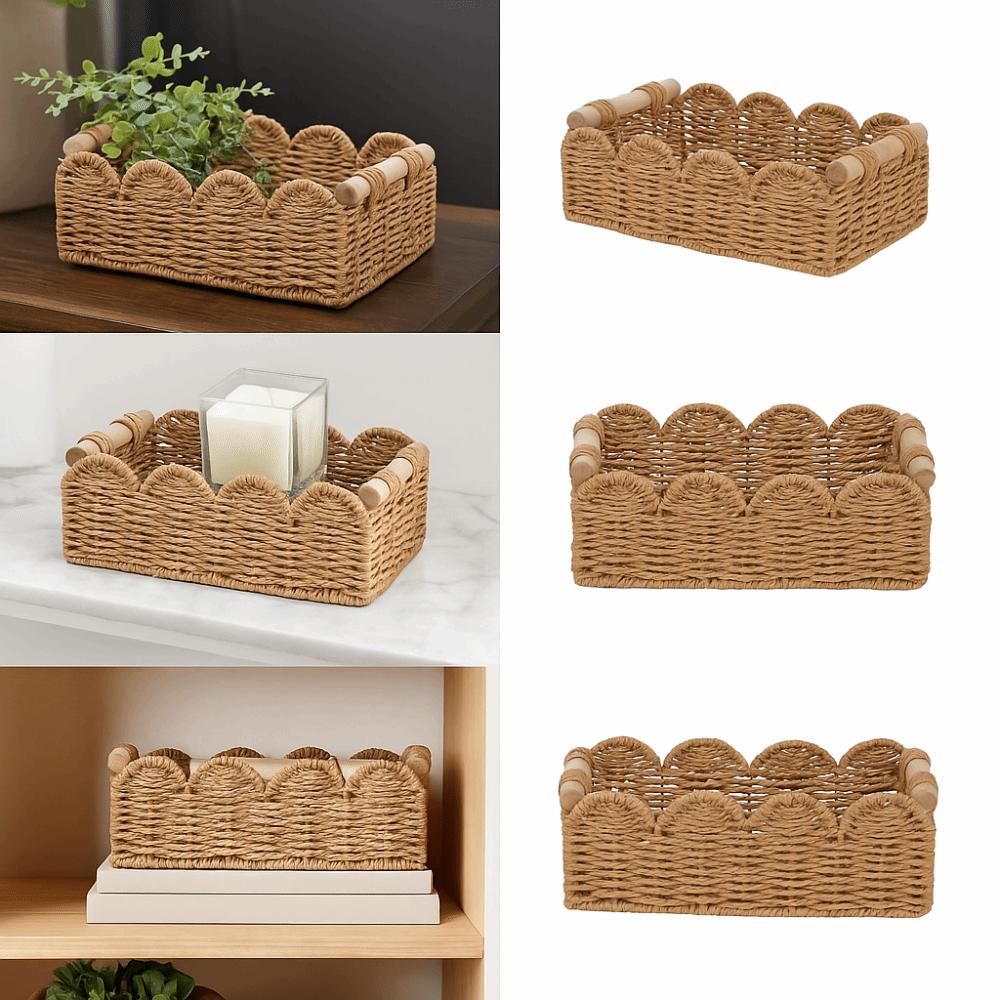 Wooden Handles Storage Basket Scalloped Edge Decor Basket Paper Rope Basket Home Decor