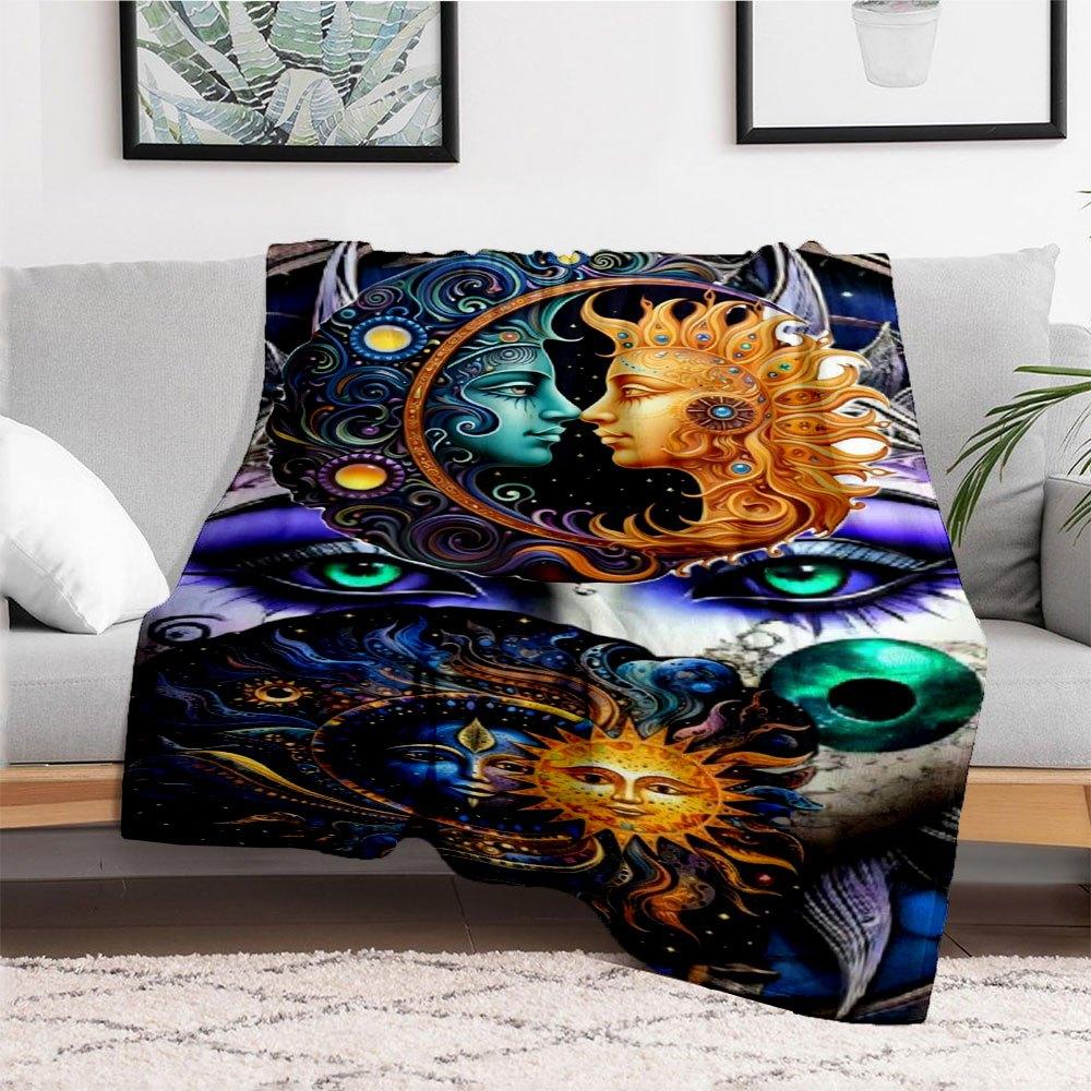 "Colorful Sun & Moon Face Mandala Art Print"Blanket Flannel Throw Blanket for Sofa, Bed, Travel, Camping, Office