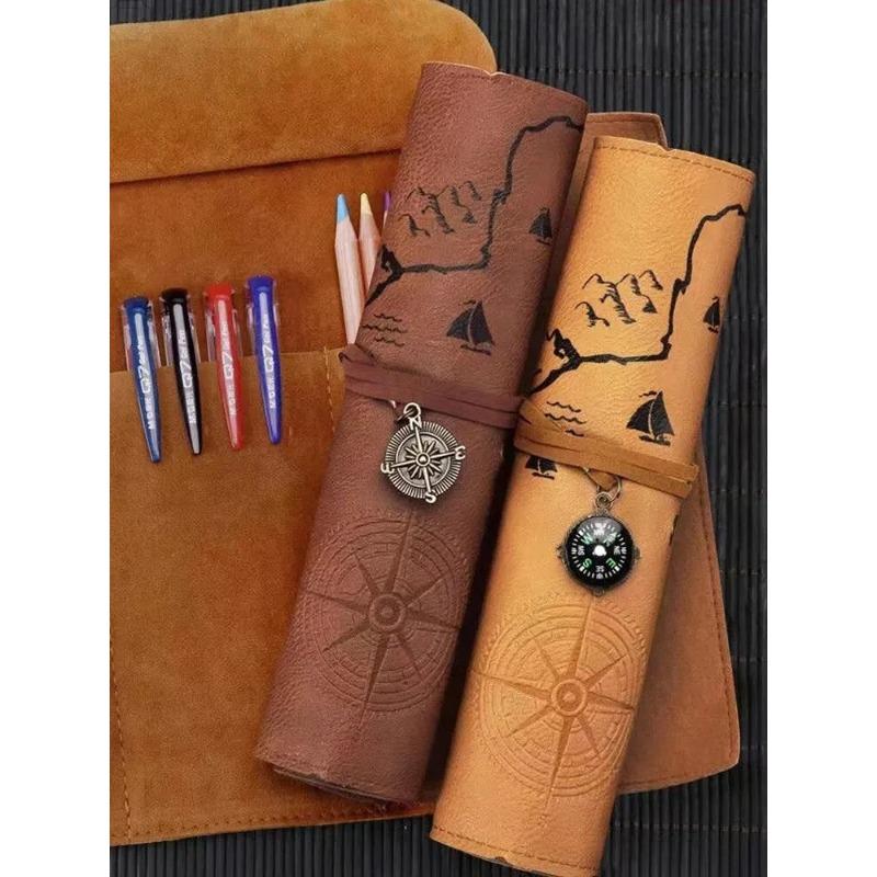 Vintage Treasure Map Roll Pencil Case – Large Capacity Leather Stationery Bag with Embossed Buckle