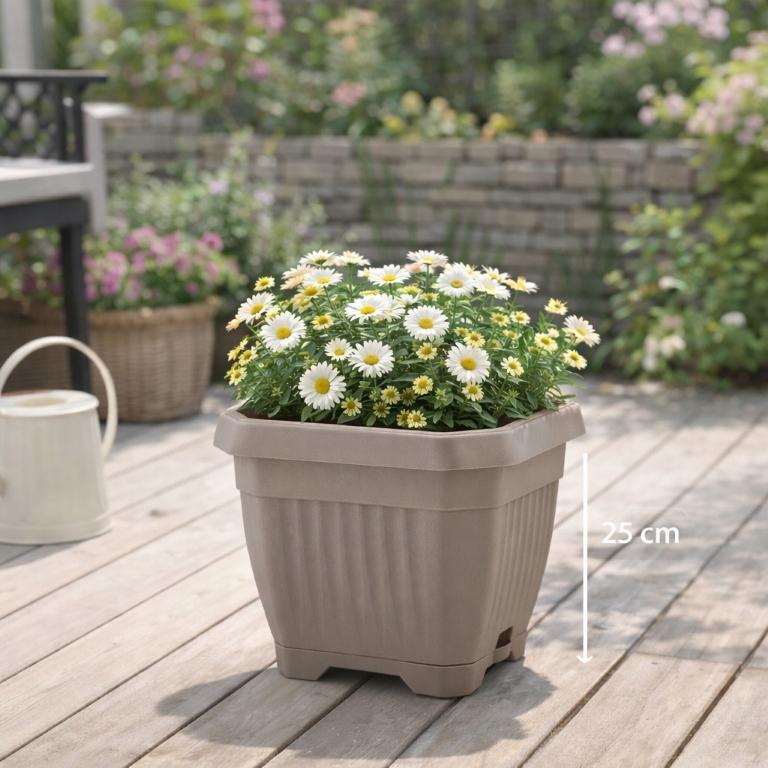 Doniczka z podstawką 25x25 cm beżowa plastikowa na taras balkon 1 szt. Octagon