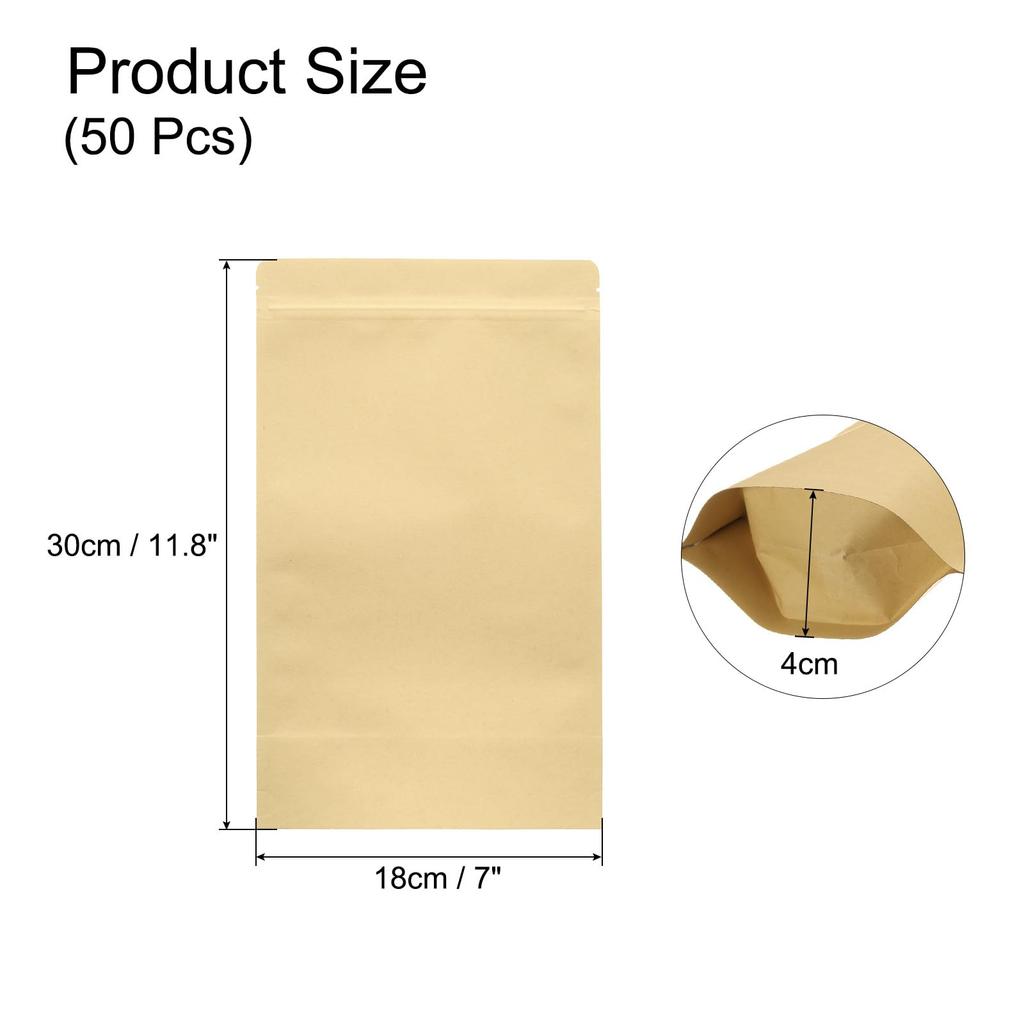 uxcell 50 Pieces Kraft Stand Up Pouch Sealable Paper Bag Foil Resealable Seal Pouch Package Zipper Bag Food Storage Sample Package Yellow 7x11.8"