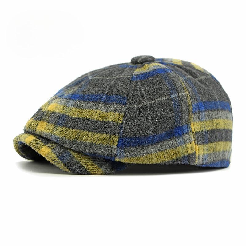 Men Women British Retro Woolen Plaid Newsboy Cap Fashion Octagonal Painter Hat Autumn Winter Warm Cabbie Peaked Cap Gatsby Style