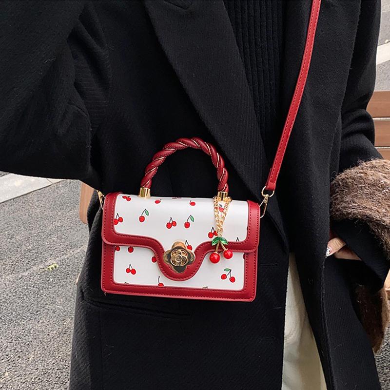 Women Cherry Square Bag PU Leather Sweet Cherry Crossbody Bag Adjustable Strap Sling Ladies Outdoor Small Handbags