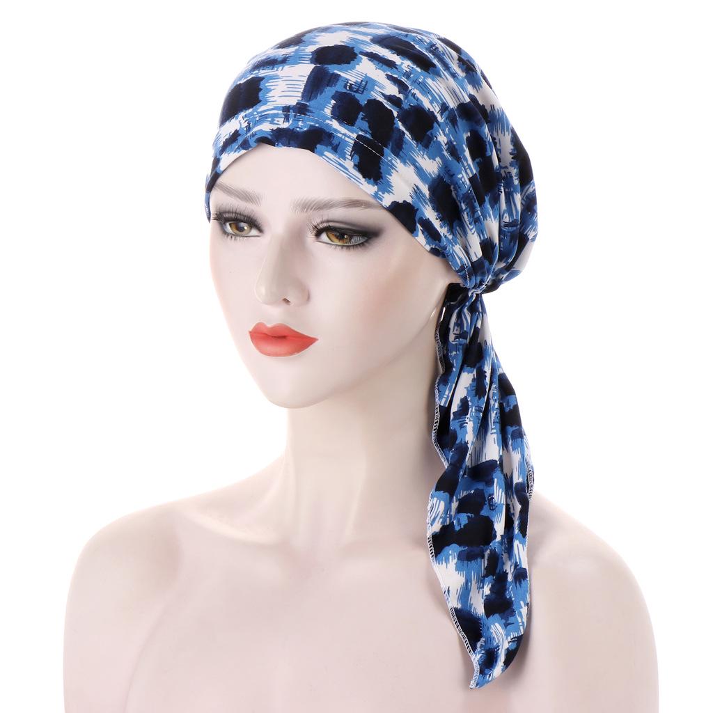 European-American Floral Print Two-Tail Curved Muslim Headscarf Pullover Hat