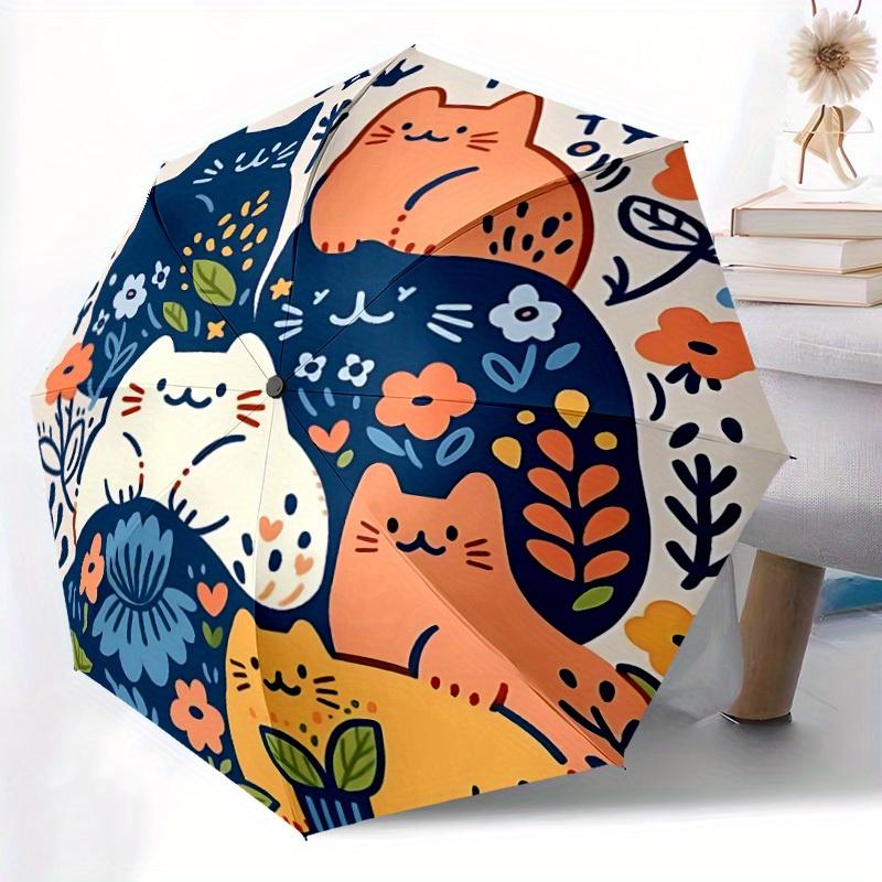 1pc Cats Flowers Automatic Umbrella   Auto Open/Close Folding Umbrella with  8 Rib Frame, 3 Fold Compact Umbrella for Men & Women, 102