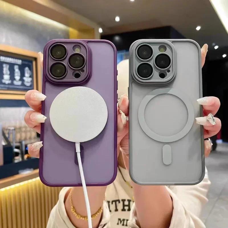 Translucent Matte Shockproof Case For iPhone 16 15 14 13 12 11 Pro Max Plus Case For Magsafe Magnetic Wireless Charge Cover
