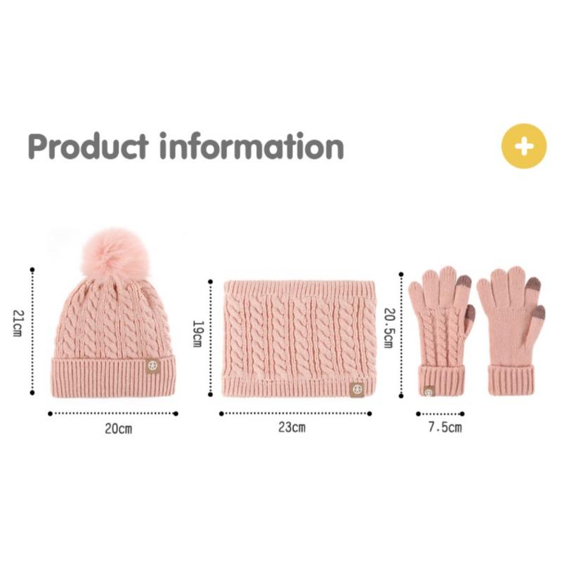 Winter Strick Woll Bommelmütze, Schal, Handschuhe, 3-teiliges Set, Kinder Samt Warme Mütze