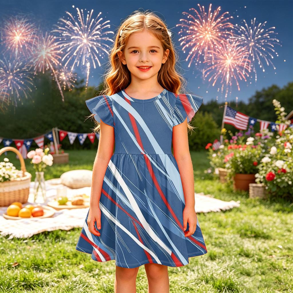 Girls Flutter Sleeve Dress Independence Day Themed Cupcake Print Spliced Skater Dress Toddler Kids Casual Party Dress