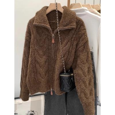 Cardigan Tricoté Lâche Décontracté Automne Hiver Femme Rétro Uni Double Fermeture Éclair Col Revers Pull Épais Tops Amples