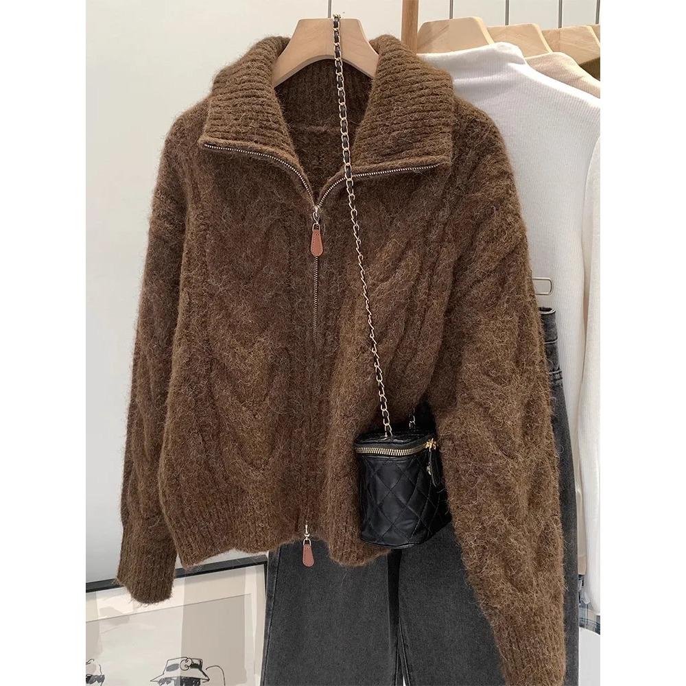 Women Fall Winter Casual Loose Knitted Cardigan Retro Solid Double Zipper Turn-down Collar Sweater Thicken Loose Tops