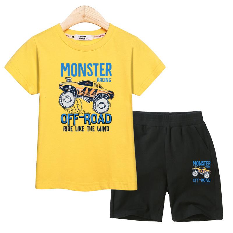 Set Abbigliamento Estivo per Bambini Camicia Monster Truck Pantaloncini Sportivi Costumi a Manica Corta per Bambini Outfit 2 Pezzi